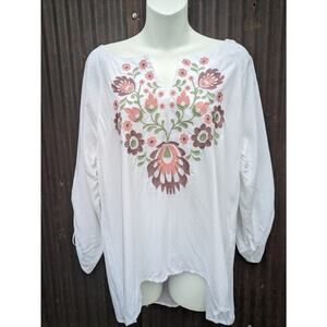 Ariat Peasant Blouse Women Medium White Floral Embroidered Western Boho Hippie